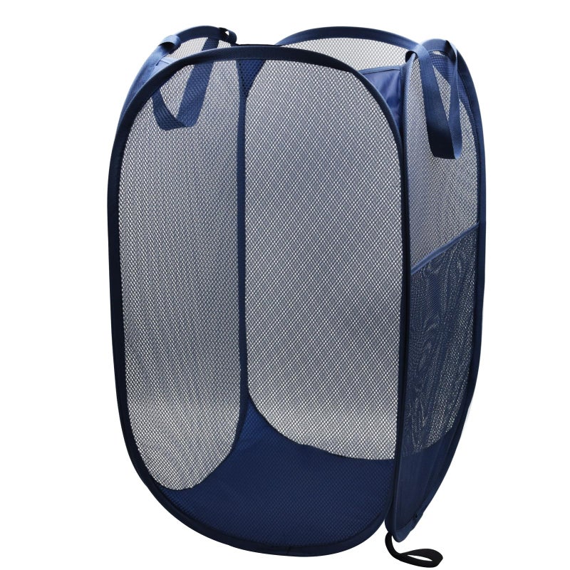 HONOMA Sturdy Mesh Laundry Hamper Basket Bag,Pop up Basket with Side Pocket for Laundry Room, Bathroom, Kids Room, College Dorm or Travel (Pop Vertical, Navy Blue) - Image 1